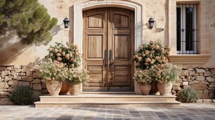 Canvas Print - Grand entrance with a large wooden door and a handcrafted stone archway  