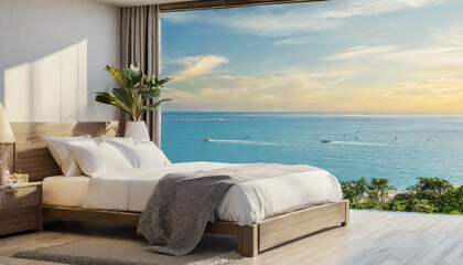 Minimalist bedroom background take view sea -3D render