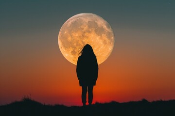 Canvas Print - Silhouette person against full moon at sunset