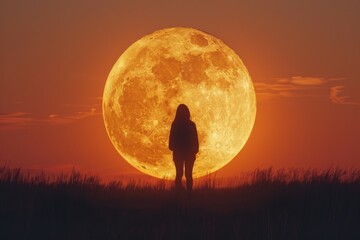 Canvas Print - Silhouette of Person Against a Full Moon at Dusk