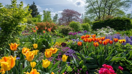 Canvas Print - Colorful Spring Garden with Tulips and Flowers.