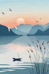 Wall Mural - flat illustration of the scenery of lake, with white egrets flying and reeds growing along its shore. In front is an endless lake surface, surrounded by distant mountains, sunset