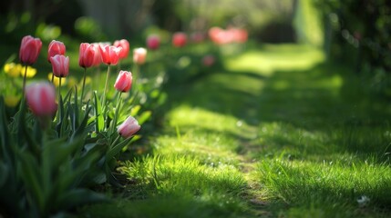 Sticker - Pink Tulips in a Lush Green Garden.