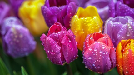 Wall Mural - Dew Drops on Colorful Tulips.