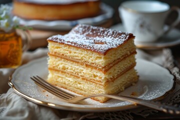 Canvas Print - Delicious Layer Cake with Powdered Sugar in Elegant Setting