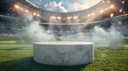 Wall Mural - A white podium on the grass of an empty soccer stadium with fans in background, with light and color explosions, with smoke effects. Generative AI.