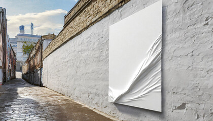 Wall Mural - Creased Clear mockup glued sticker advertising 3d propaganda adhesive textured affiche wall art Blank mock Empty white canvas street rendering poster wheatpaste urban .