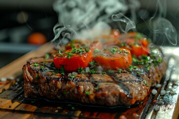 Wall Mural - Grilled Steak with Tomatoes on Wooden Plank