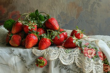 Poster - Fresh Strawberries on Vintage Tablecloth