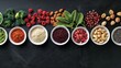 © Paul - A colorful spread of superfoods like berries, nuts, and leafy greens, highlighting their antioxidant and vitamin content, shot from above on a black surface