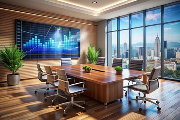 Modern office setting with sleek furniture, large screen display, and financial charts and graphs scattered on a polished wooden table, exuding technology and strategy.