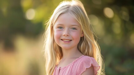 Canvas Print - Portrait of a Smiling British Girl in a Pink Dress Outdoors, Capturing Joyful Childhood Moments in Natural Light, Perfect for Family Advertisements, Prints, or Greeting Cards