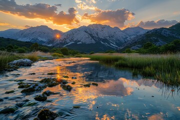 Sticker - Sunset Over Mountain Stream