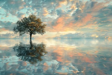 Sticker - Solitary Tree Reflected in Serene Waters at Sunset