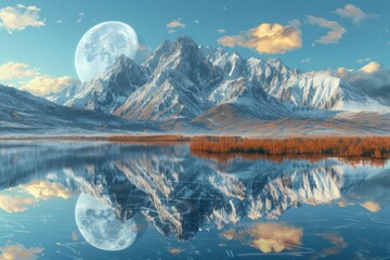 Wall Mural - Surreal Lunar Reflection in Mountainous Wilderness