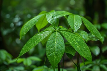 Poster - Lush Tropical Foliage with Rain Drops