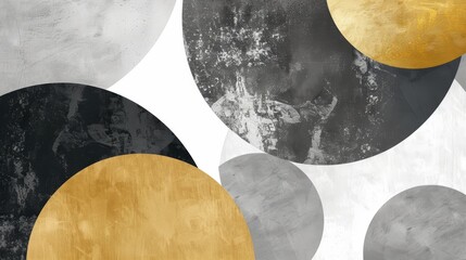 Canvas Print - Abstract composition with textured overlapping black, grey and gold circles on a white background