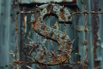 Canvas Print - Aging Metal Letter 'S' Encased in Barbed Wire