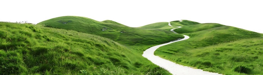 White background, grassy hills with winding dirt paths, green grass, white path, high resolution, landscape photography, 