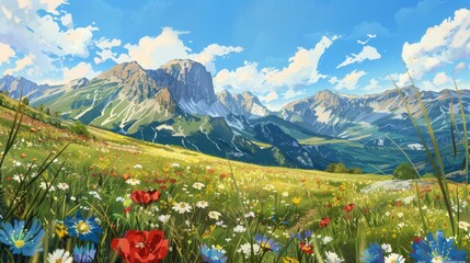 Poster - Mountain Meadow with Wildflowers.