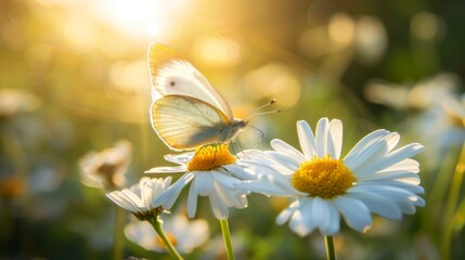 Wall Mural - Butterfly on a Daisy in the Sunlight.