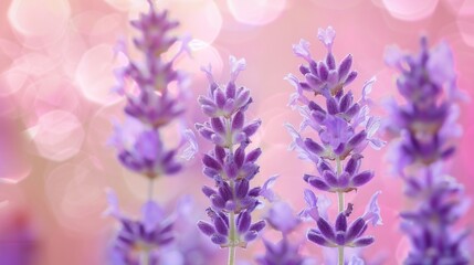 Canvas Print - Lavender Flowers Close-Up on Pink Bokeh Background.