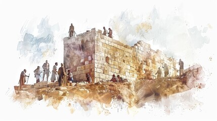 Rebuilding the Temple of Jerusalem, Ezra 1-6 & Haggai 1-2. Digital watercolor illustration.