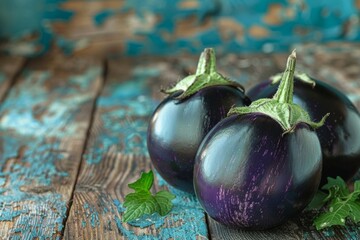 Canvas Print - Three Fresh Eggplants on Rustic Wooden Table