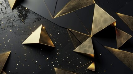 Canvas Print - Golden pyramids creating a geometric pattern on a black abstract background with shimmering particles