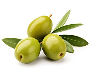 Close-up of green olives with olive leaves, isolated on white 