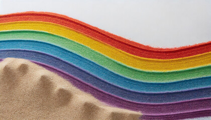 Close up of stripes of rainbow coloured sand and copy space on white background