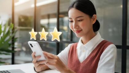 Close up of woman customer giving a five star rating on smartphone. Review, Service rating, satisfaction, Customer service experience and satisfaction survey concept