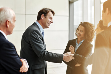 Wall Mural - Group, professional and negotiation with handshake for agreement with conversation at the office. Business, people and welcome partner in the lobby for a discussion about contract in the company.