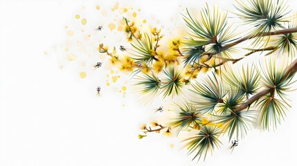 Canvas Print - Larch Tree Foliage with Whiteflies in Botanical Style