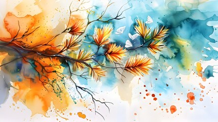 Poster - Vibrant Watercolor Composition of Larch Tree Leaves and Twigs with Whiteflies