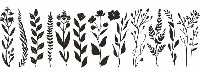 Stunning silhouettes of beautiful plants, leaves, and plant designs. Modern illustration.