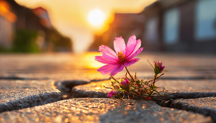 Close up, Pink flower growing on crack street sunset background