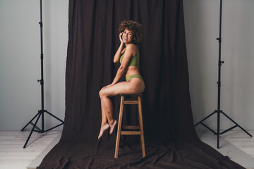 Sticker - Full size photo of lovely lady profile sit wooden chair dressed khaki lingerie studio background no filter self acceptance all body perfect