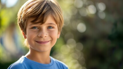 Canvas Print - Young German Boy Outdoors with Freckles and Blue Eyes Smiling in Summer Light Portrait