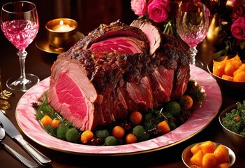 Wall Mural - juicy prime rib roast carved dinner celebration, beef, cooked, gourmet, tasty, succulent, sliced, portion, elegant, presentation, seasoning, savory, entree