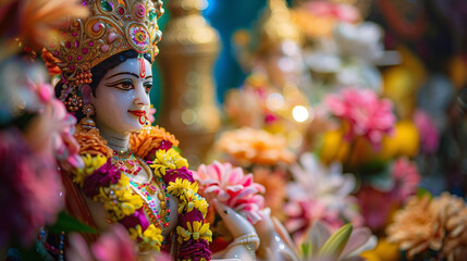 majestic statue of Goddess Durga decorated with flowers and jewellery, Ai Generated Images