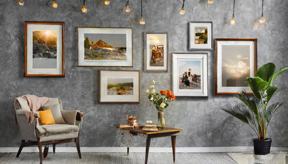 Wall Mural - different size framed photos hanging on the gray wall.