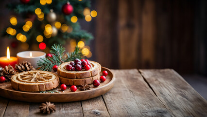 Bokeh with blur background: Festive Christmas bread with cranberries and pine cones on a rustic wooden table.