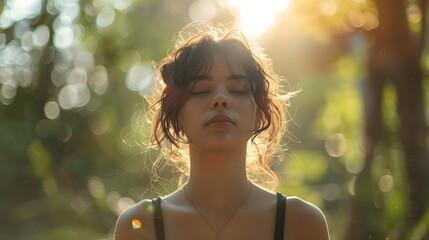 Poster - A serene woman meditating in a peaceful natural setting emanating tranquility and spiritual focus