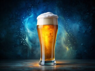 Cold refreshing glass of light beer with creamy foam isolated on dark blue background, perfect for advertising banners and promotional materials.