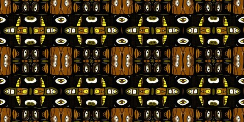 Wall Mural - Modern tribal shape mud cloth border effect seamless pattern. Stylized shape doodle in khaki brown color background design of printed patterned banner edge trim fabric repeat.