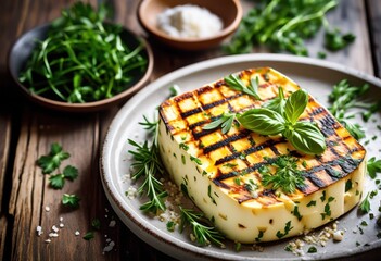 Wall Mural - savory grilled halloumi cheese fresh herbs plate, food, appetizer, delicious, meal, vegetarian, cuisine, mediterranean, culinary, tasty, gourmet, dish, cooking