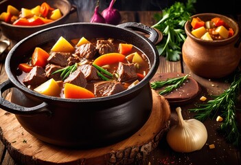 Wall Mural - homemade hearty beef stew cooking rustic cast iron pot wooden table, delicious, savory, comfort, food, simmering, preparation, ingredients, culinary, meal, dinner,