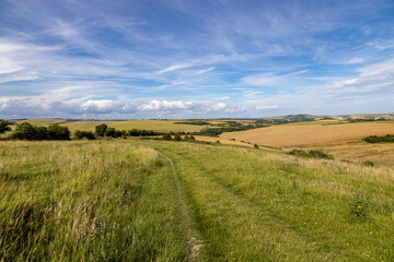 Poster - Looking out over fields in rural Sussex, along the South Downs Way