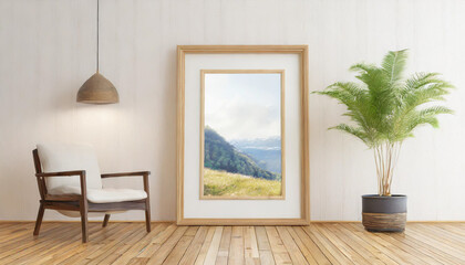 Wall Mural - Horizontall wood frame mock up. Wooden frame poster on wooden floor with white wall. Landscape frame